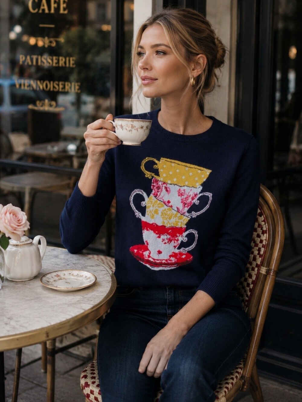 Talbots Navy Crewneck Sweater with Stacked Teacup Motif Size Small